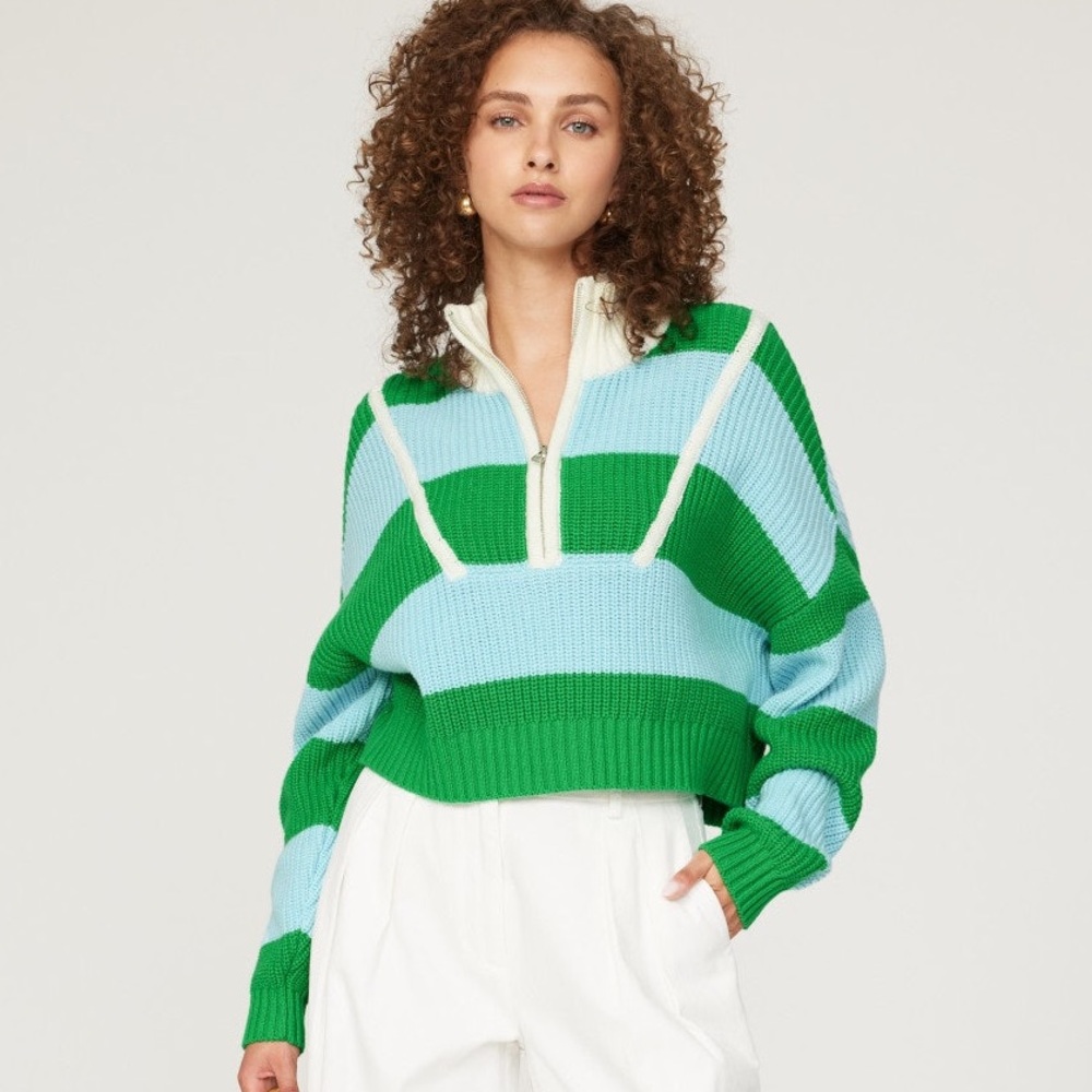 STAUD Green and Light Blue Striped Sweater